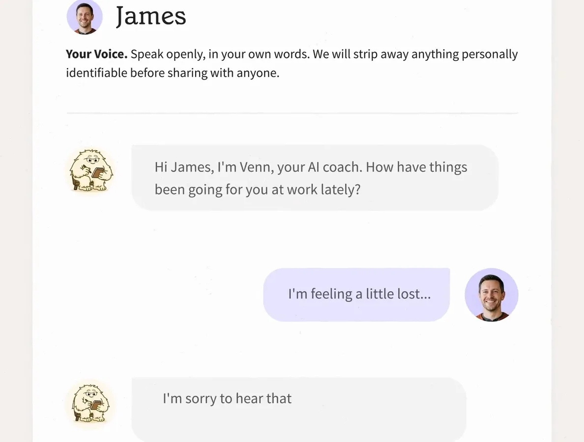 Venn chatting one-to-one with an employee named James